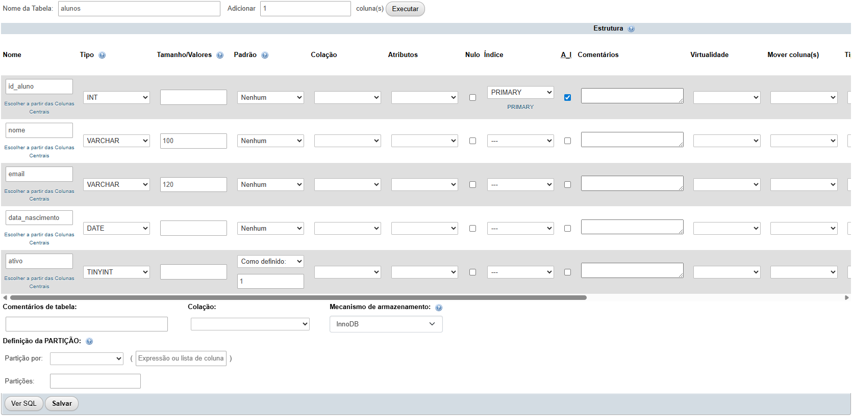 Preenchimento das colunas