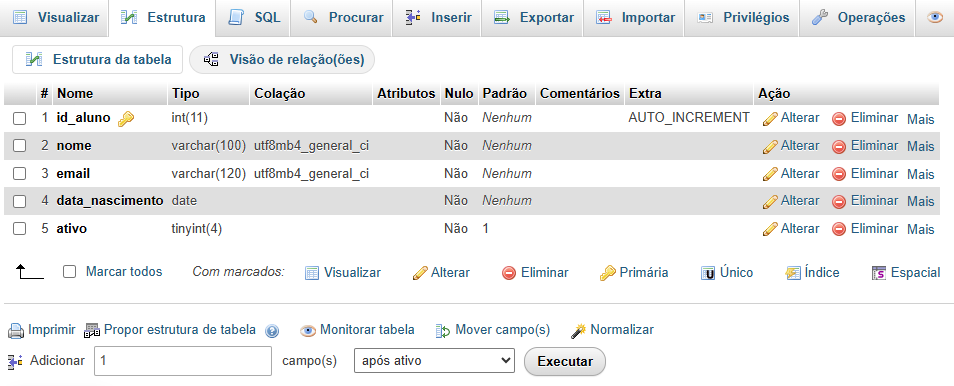 Aba Estrutura com colunas