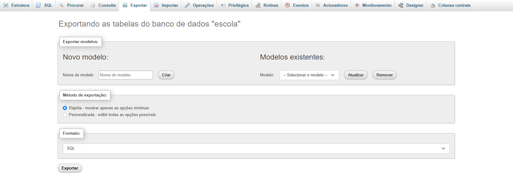 Aba Exportar modo Rápido