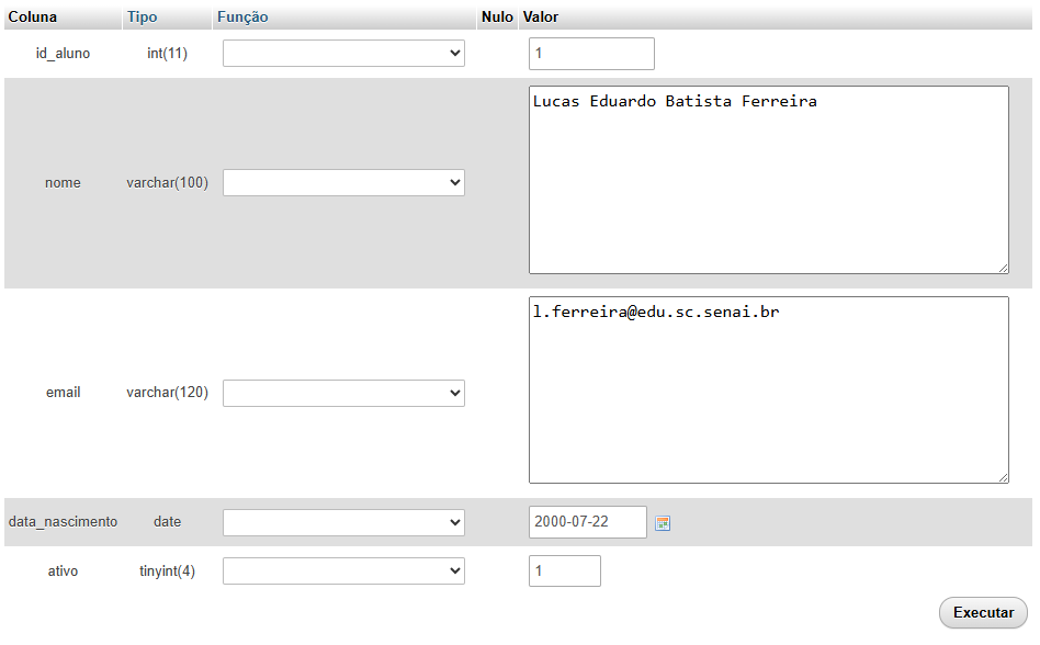 Tela de edição de registro